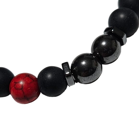Boho Black Beaded Stretch Bracelet Red Accent Stone Natural Classic Jewelry - Picture 2 of 4